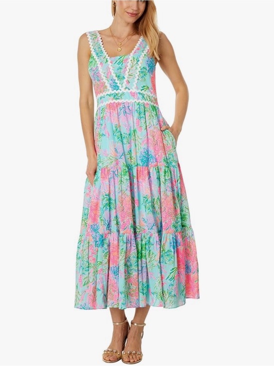 Lilly Pulitzer Dresses & Skirts - Lilly Pulitzer Sleeveless Tiered Floral Maxi in Pink, Green & Blue